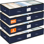 SpaceWhisper 90L Under Bed Storage Containers, 4-Pack Storage Bins with Clear Top, Foldable Closet Organizers and Storage with Label Holder for Clothing, Blankets, Comforter & Pillows(Blue)