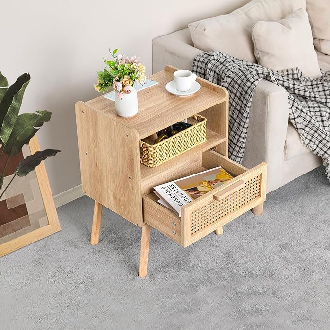 Lerliuo Rattan Nightstands Set of 2 with Charging Station, Boho Side Table wi...