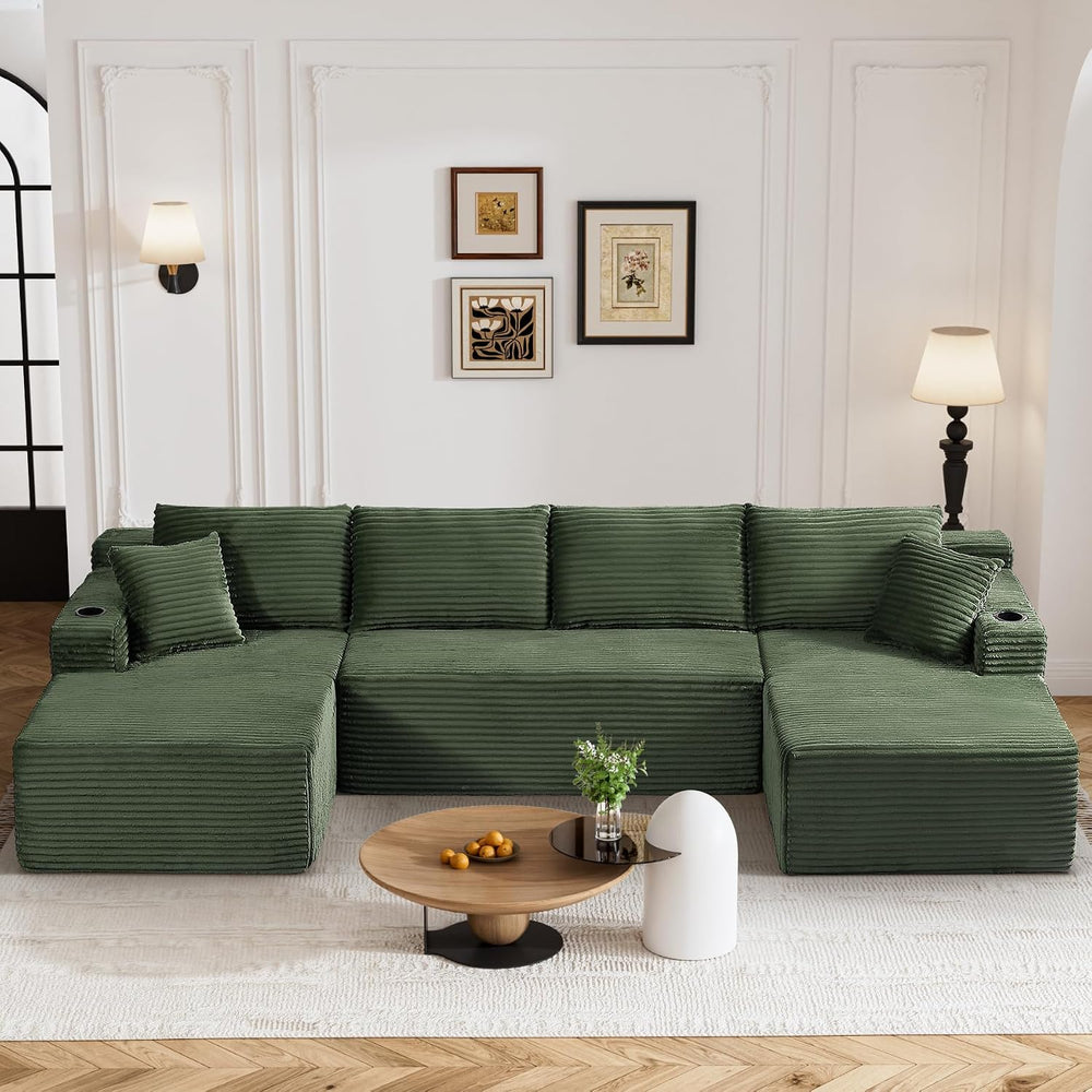 133" U-Shaped Modular Sectional Sofa, Corduroy Couch, Green | Cloud Luxu...