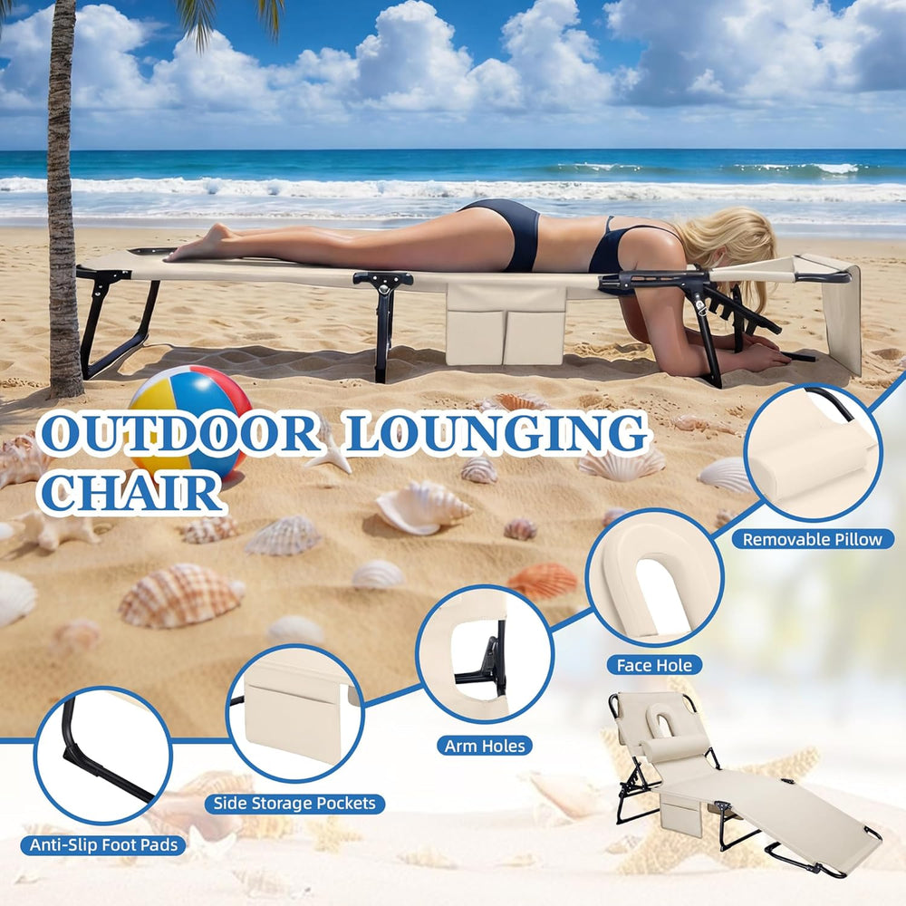 3-in-1 Sun Tanning Chair with Face Holes, Folding Chaise Lounge Chairs, 5-Pos...