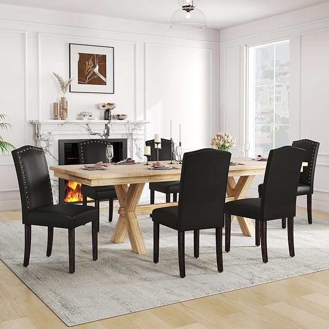 LSSPAID Dining Chairs Set of 6, Modern PU Leather Upholstered Parsons Dining Room Chairs with Bronze Nail Head Trim and Brushed Solid Wood Legs, Black