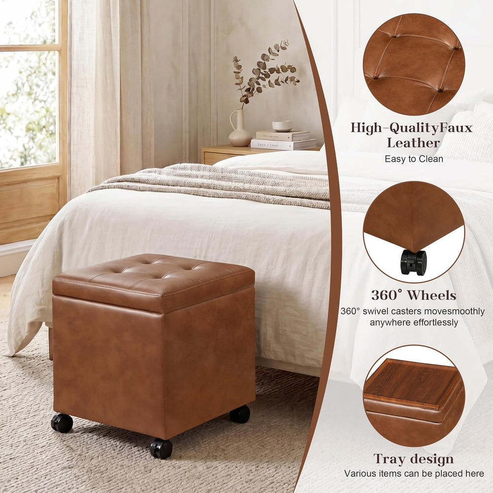 15 inch Square Storage Ottoman with Wheels and Tray Lid, Faux Leather Tufted ...