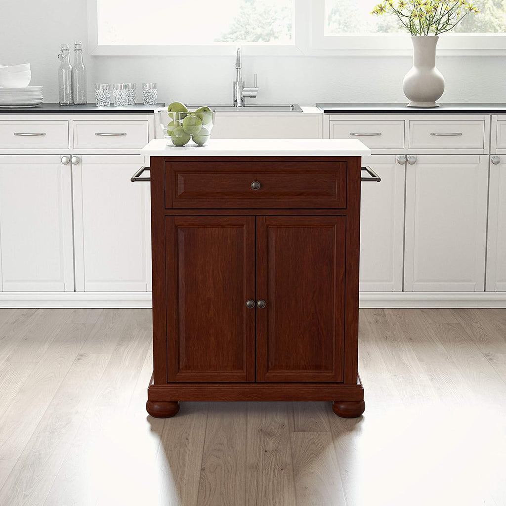 Crosley Furniture Alexandria Stone Top Small Portable Rolling Kitchen Island Storage Cart, Microwave Stand, Mahogany