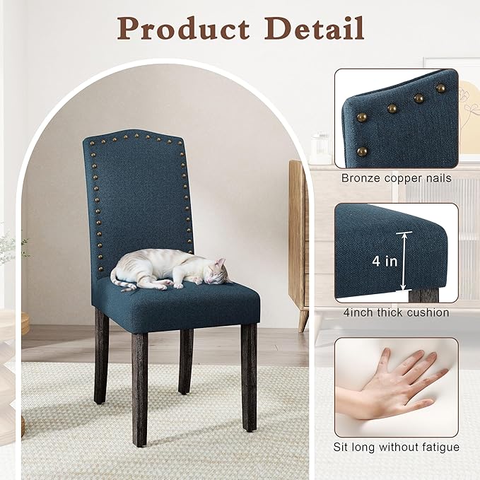 LSSPAID Dining Chairs Set of 4, Modern Comfy Linen Upholstered Parsons Dining Room Chairs with Bronze Nail Head Trim and Brushed Solid Wood Legs, Teal