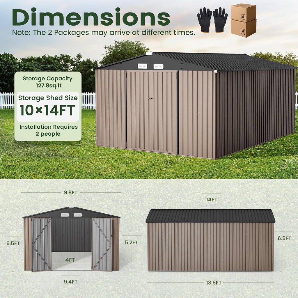 GVDV 10x14 FT Outdoor Metal Storage Shed, Durable Garden Shed with Updated Frame Structure for Backyard, Patio, Tool Storage, All-Weather Shelter for Bike, Gardening Tools, Lawn Mowers, Grey