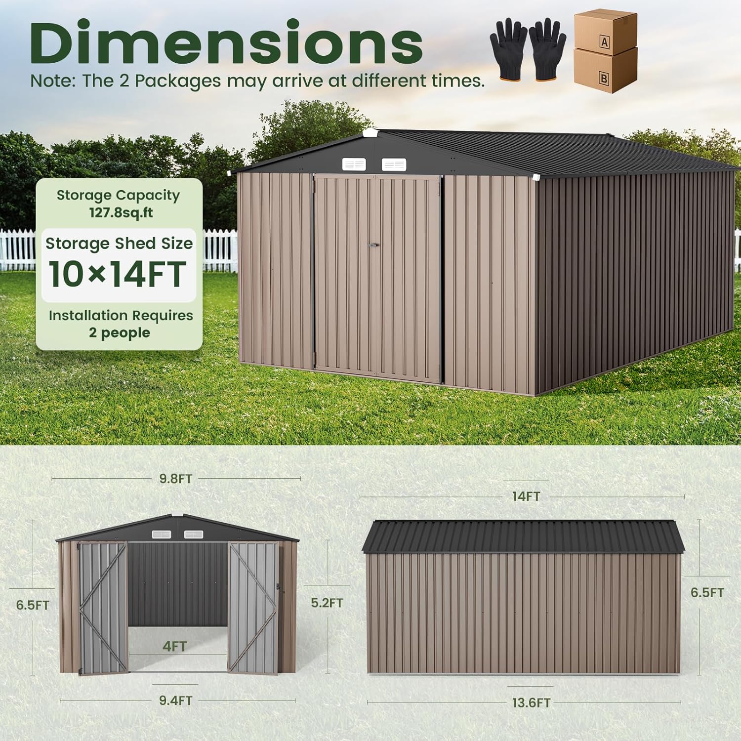 GVDV 10x14 FT Outdoor Metal Storage Shed, Durable Garden Shed with Updated Frame Structure for Backyard, Patio, Tool Storage, All-Weather Shelter for Bike, Gardening Tools, Lawn Mowers, Grey