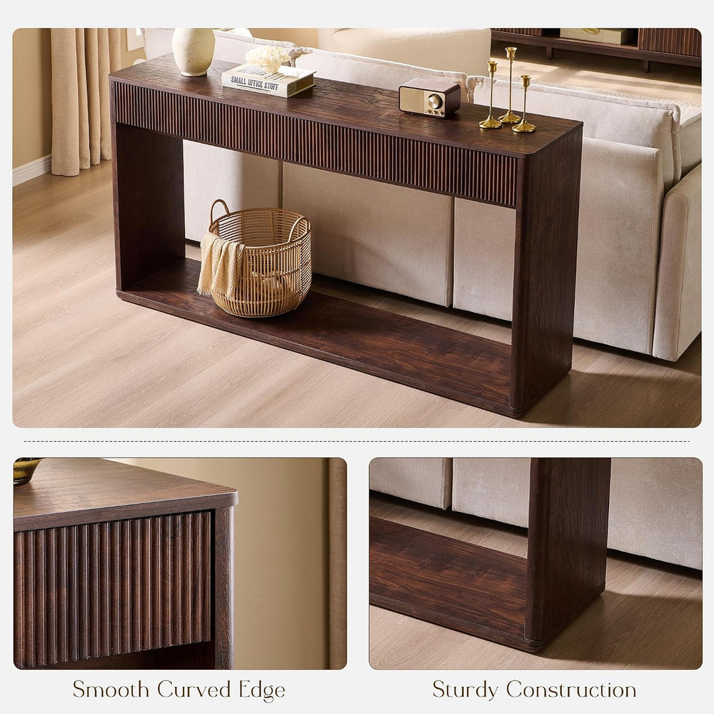 OKD 63" Fluted Console Table for Entryway with 2 Large Drawers, Dark Wal...