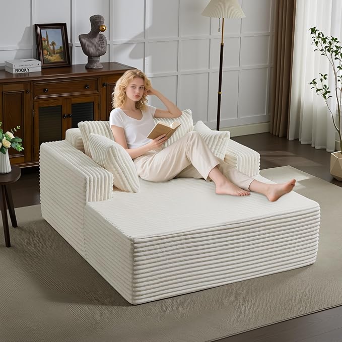 54.3"W Oversized Chaise Lounge Chair Indoor, Boneless Corduroy Sleeper Sofa Bed with 4 Pillows, Armrests, Comfy Fluffy Reading Couch, No Assembly Required Cloud Sofa for Living Room, Bedroom, Office
