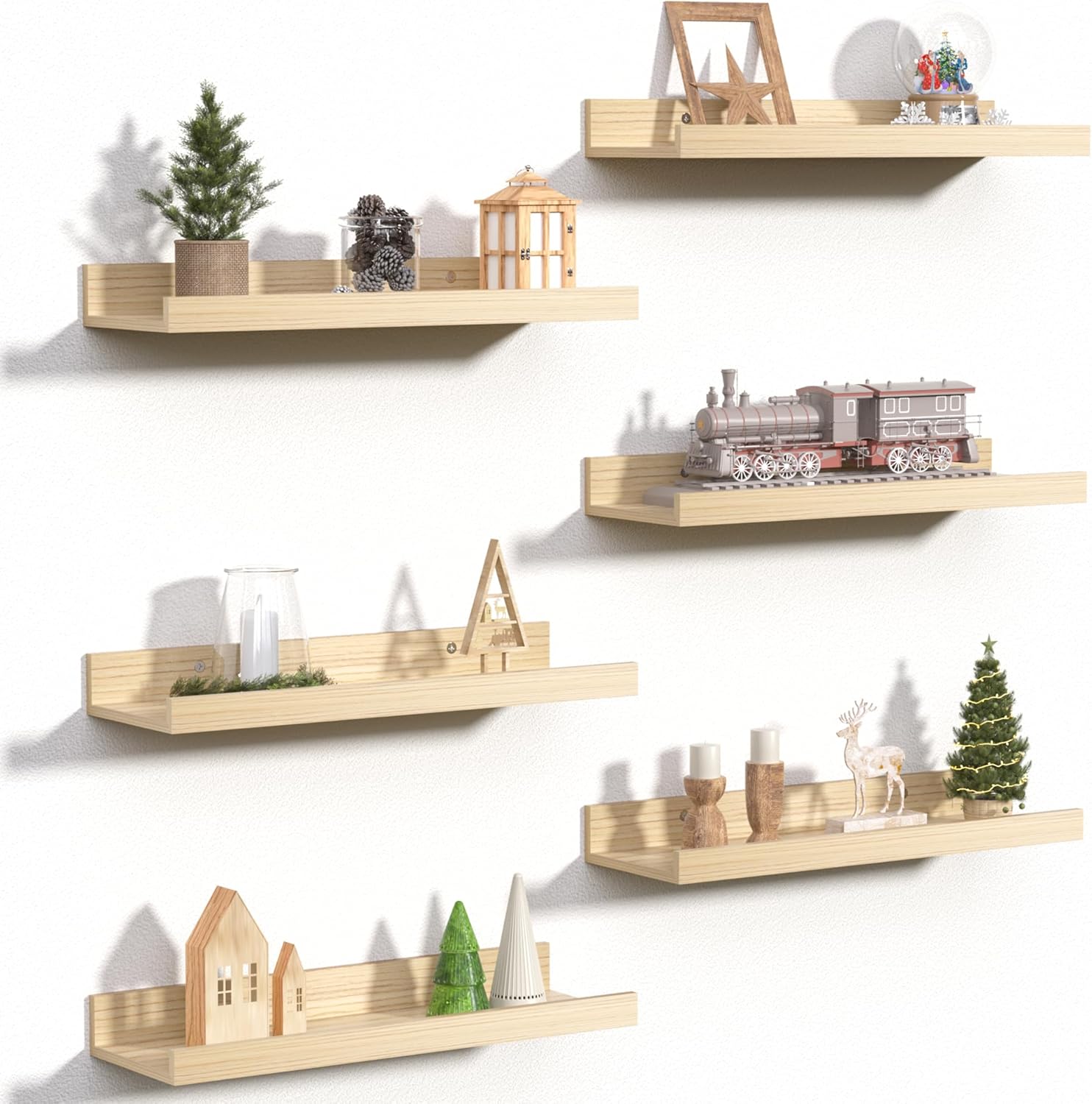 upsimples Floating Shelves for Wall, Wall Shelves for Decor Storage Set of 6, Wall Mounted Wood Shelf for Bedroom, Living Room, Bathroom, Kitchen, Picture Ledge Shelves, Natural