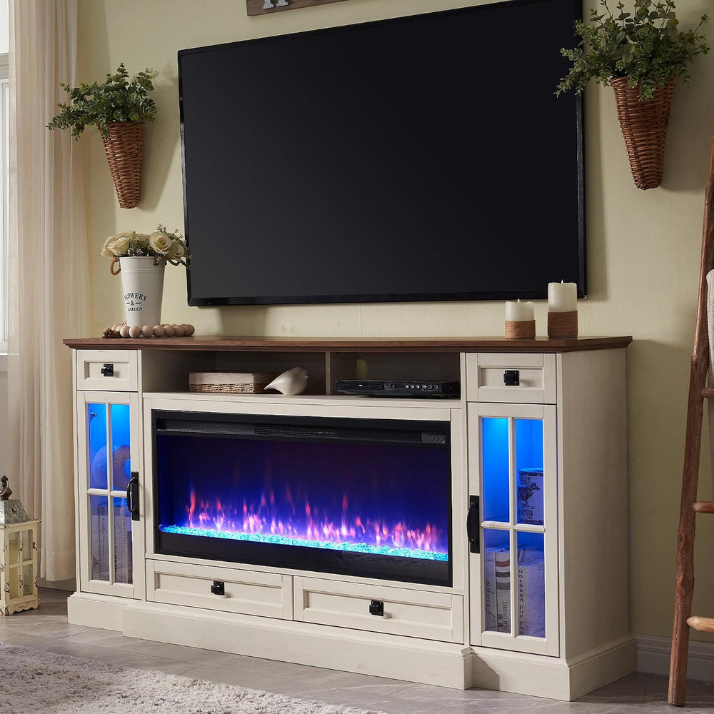 OKD 70" Farmhouse Fireplace TV Stand for 80 Inch TV, Antique White | 42&...