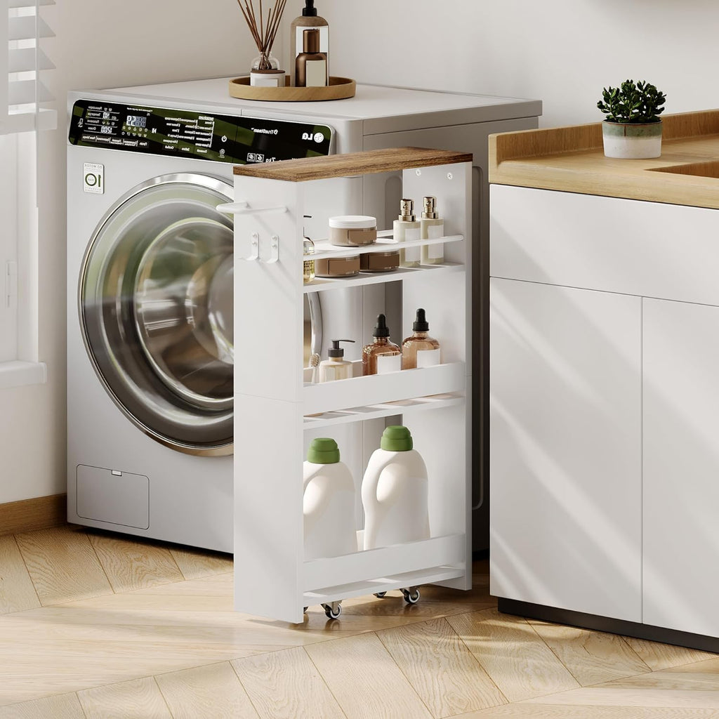 ChooChoo 4-Tier Slim Storage Cart with Handle, 5.51" W Rolling Utility Cart on Universal Wheels, Kitchen Cart Mobile Shelving Organization for Laundry Room, Bathroom & Narrow Place (Walnut & White)