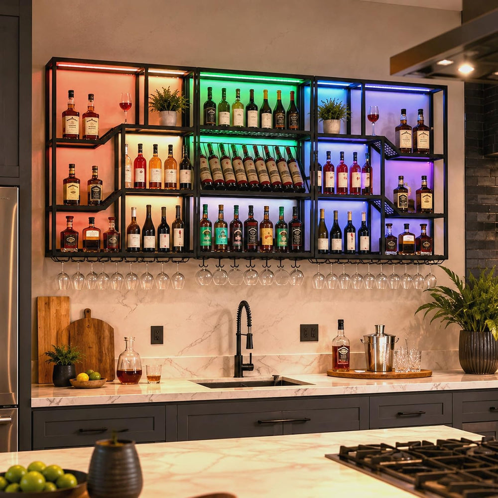 94.5in Wall Mounted Wine Rack with LED Light, Heavy Duty Metal Liquor Shelf, ...