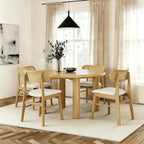 Wooden Dining Chairs Set of 6, Upholstered Modern Dining Room Chairs, Mid Century Oak Wood Kitchen Chairs with Rattan Backrest for Farmhouse, Kitchen, Restaurant (Cream Fabric & Original Color)