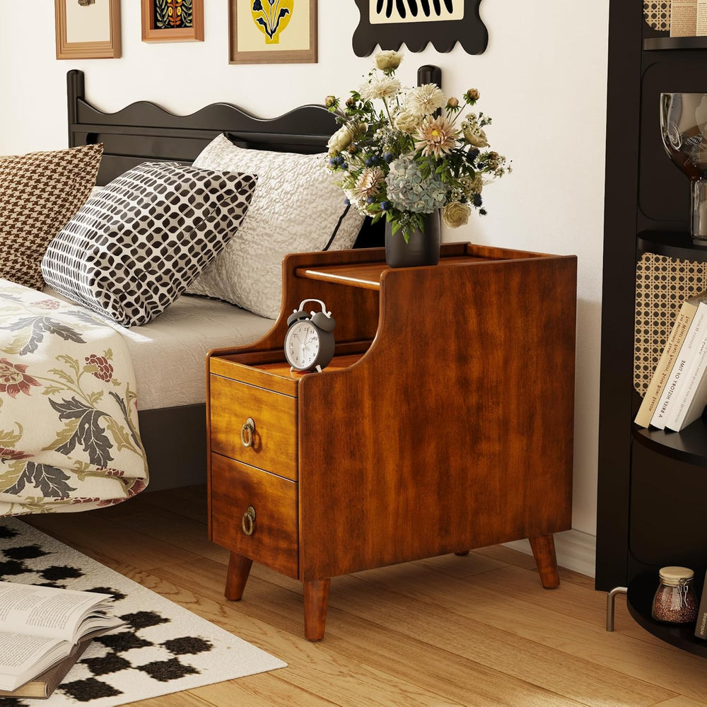 Narrow End Side Table with 2 Drawers and Pull-Out Tray, No-Tools Assembly Sof...