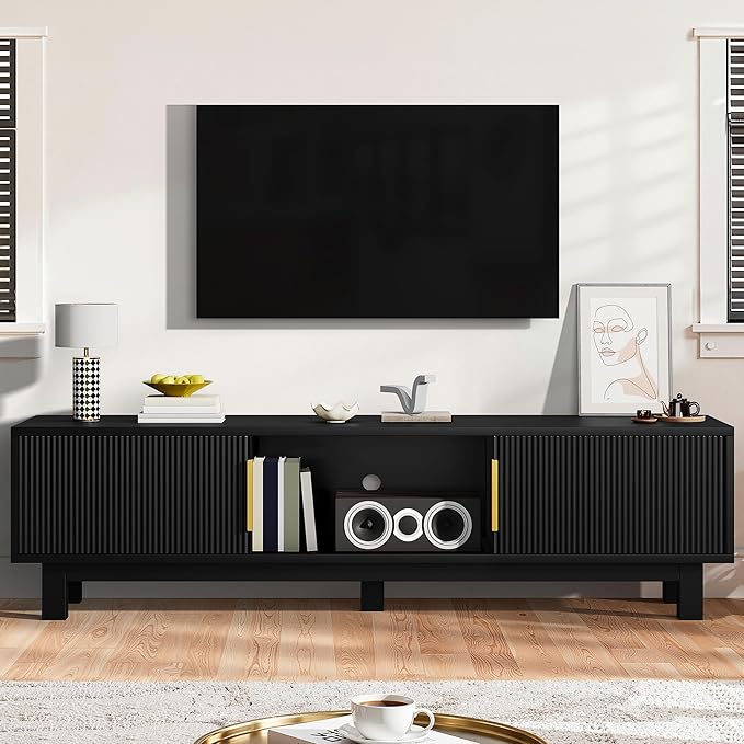 DWVO Fluted TV Stands for Living Room, Entertainment Center for TVs up to 65 Inch, Mid Century Modern Media Console with Power Outlets & Storage Compartments, 59" Long TV Cabinet, Black