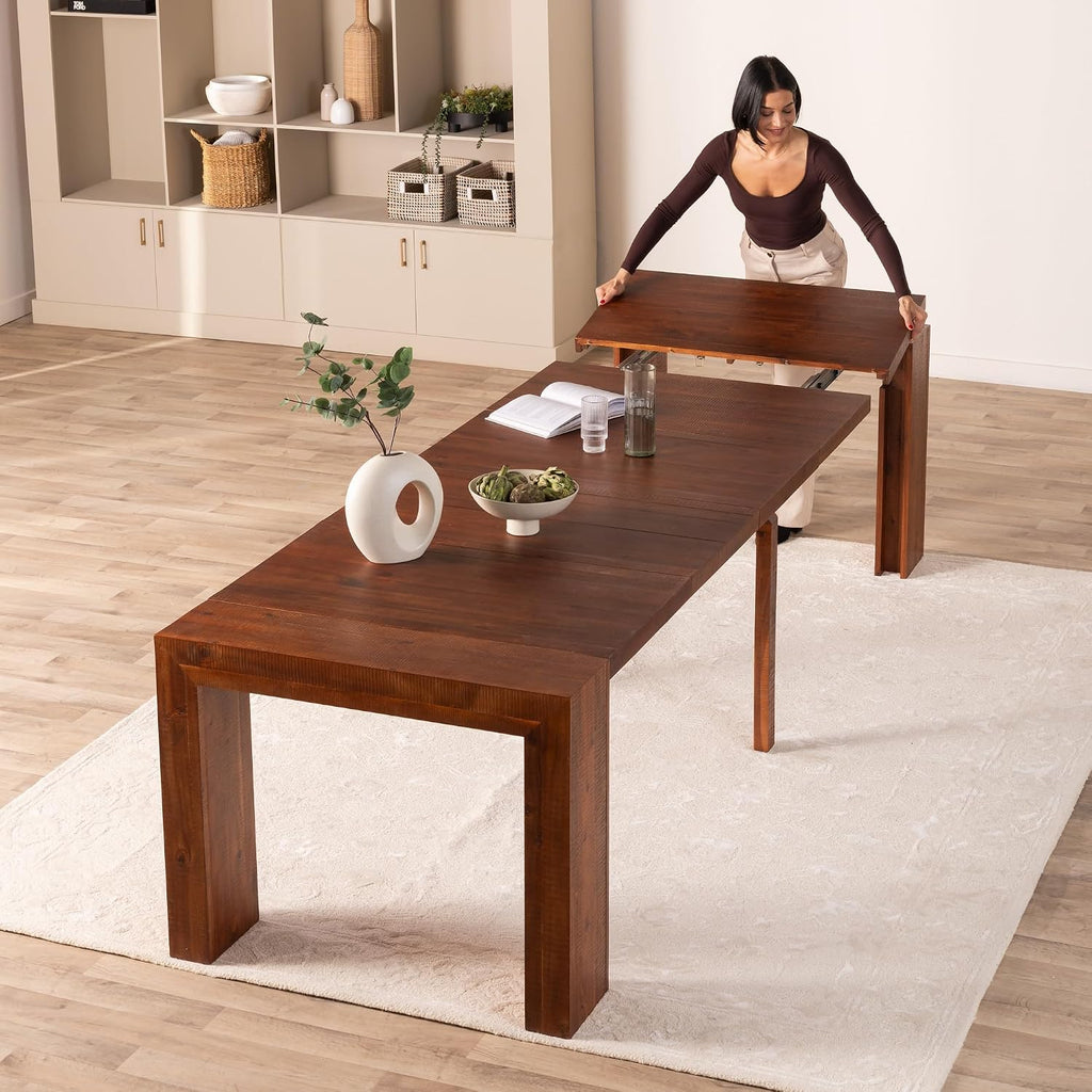 Transformer Table Solid Wood Extendable Dining Table, Red Oak | Seats 2-12, Expandable Dining Room Table, Space-Saving Furniture, Kitchen and Dining Room Furniture, Table + Bench