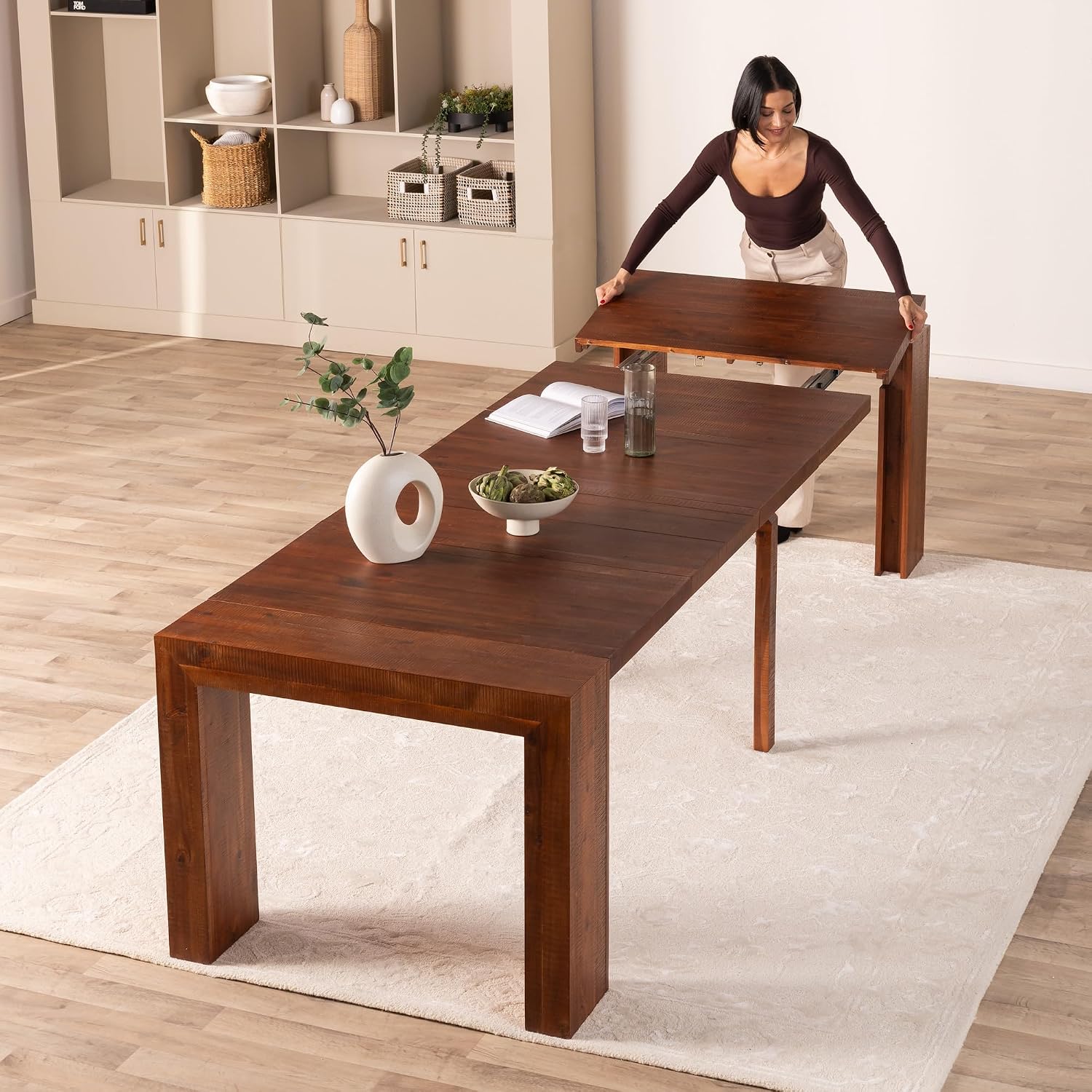 Transformer Table Solid Wood Extendable Dining Table, Red Oak | Seats 2-12, Expandable Dining Room Table, Space-Saving Furniture, Kitchen and Dining Room Furniture, Table + Bench