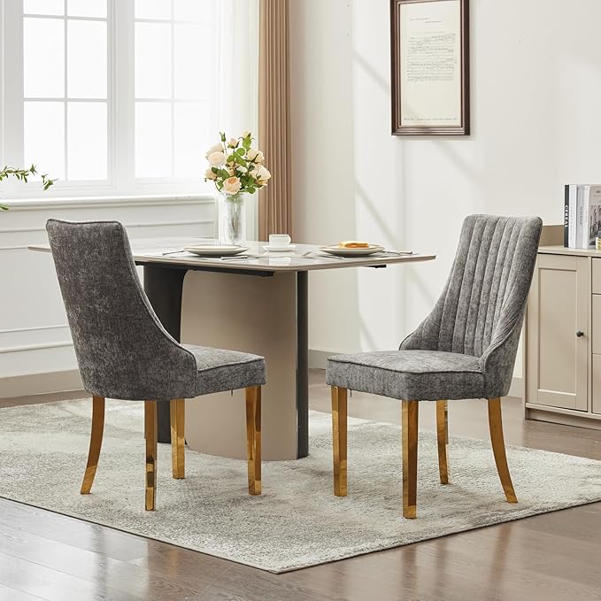 Dining Chairs Set of 2，Modern Channel Tufted Upholstered Dining Chairs with Golden Stainless Steel Legs, Comfortable Chenille Fabric Kitchen Chairs for Dining Room (Grey, 2pc)