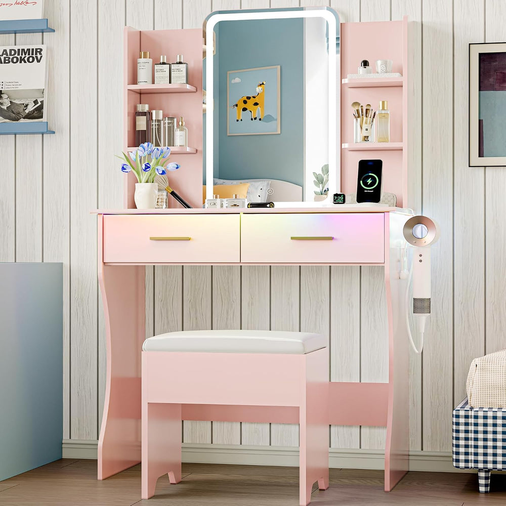 Vanity Desk with LED Lights Mirror & Power Outlet, Small Makeup Vanity Ta...