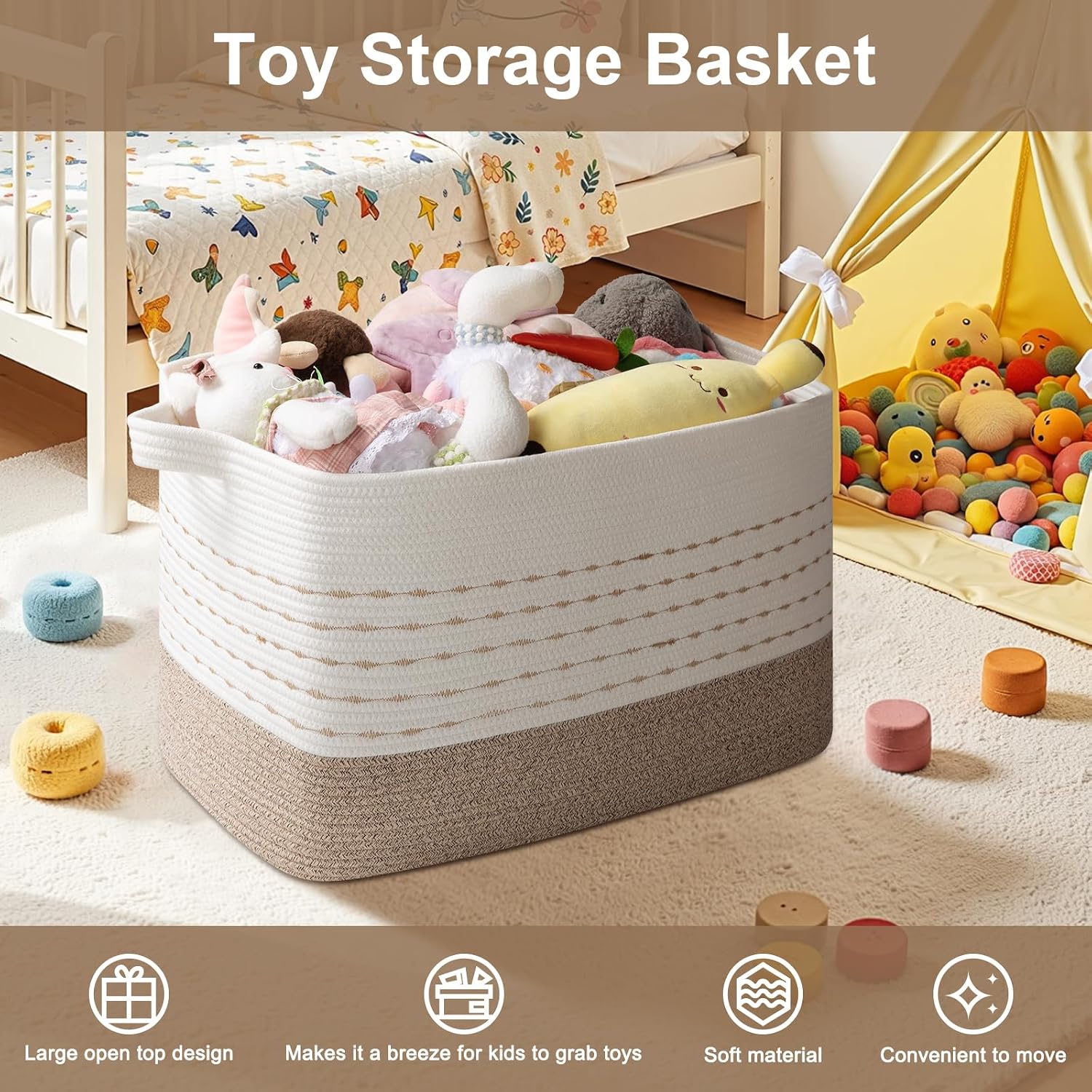 OIAHOMY 108L Extra Large Blanket Basket, 25”x16”x16” Rectangle Woven Cotton Rope Baskets for Living Room, Toy Storage with Handle- Gradient Light Brown