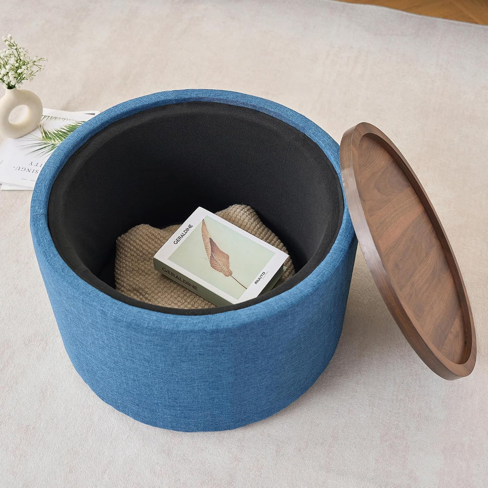 Nesting Storage Ottomans Set of 2, Round Coffee Table with Linen Upholstered ...