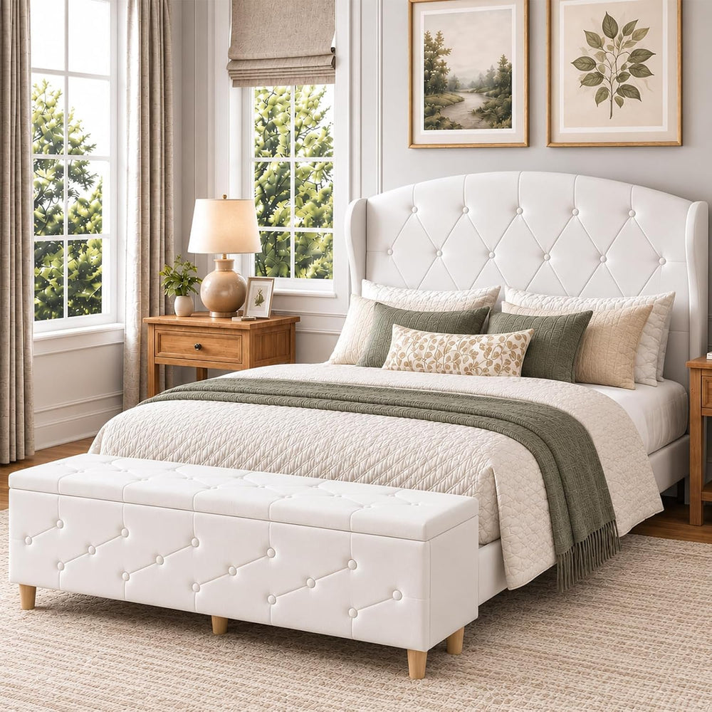Upholstered Queen Bed Frame, 49.8" Tall Wingback Headboard, White