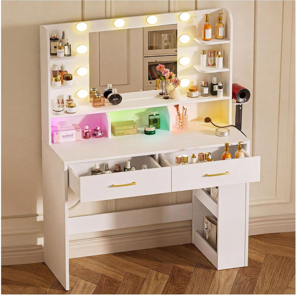 COMHOMA Vanity Desk with Mirror and Light, Small Makeup Vanity with Storage D...
