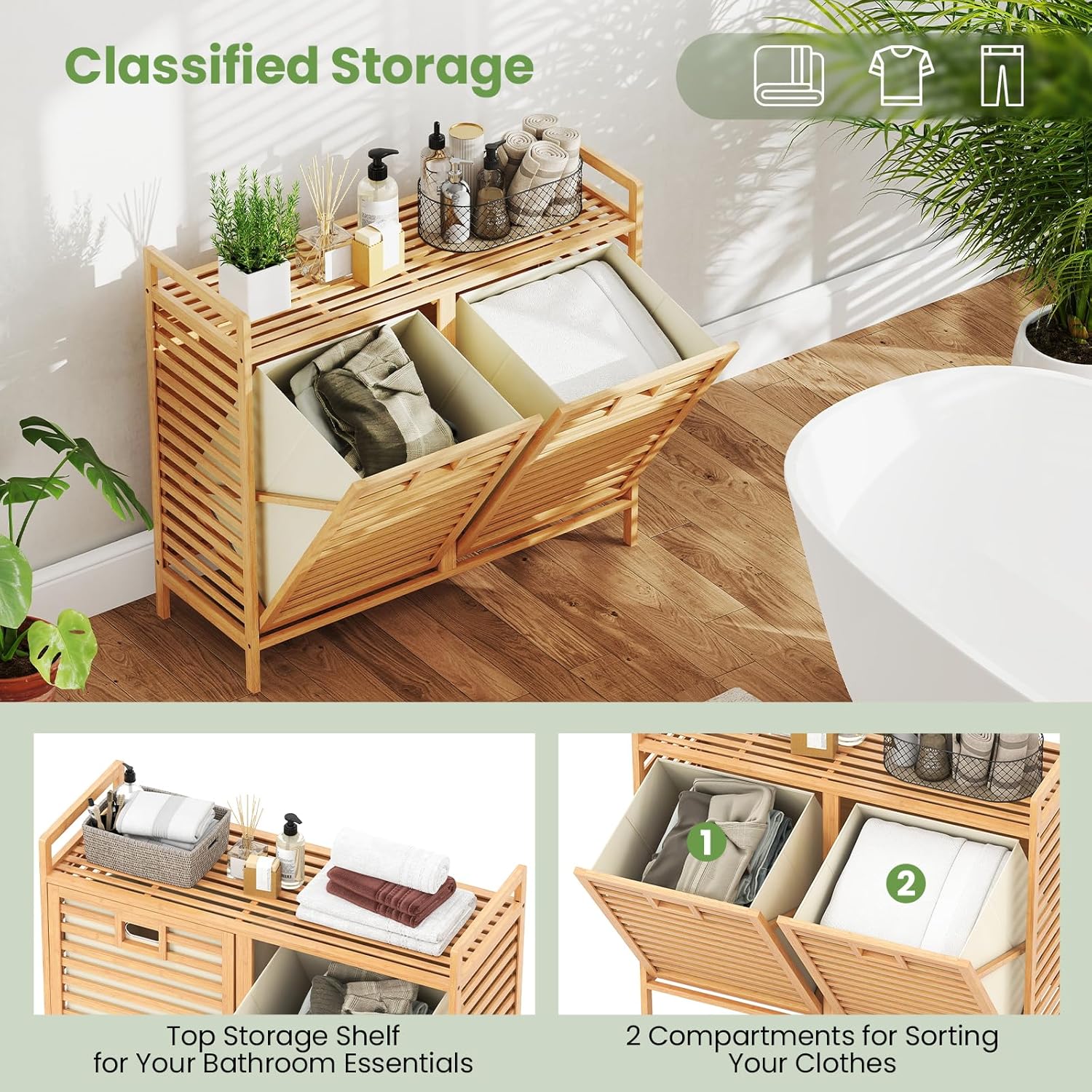 Giantex Tilt Out Laundry Hamper, 20 Gal Bamboo Laundry Storage Cabinet with 2 Removable & Foldable Fabric Bins, Top Shelf, Pull Out Laundry Basket Organizer for Bathroom, Living Room, Bedroom