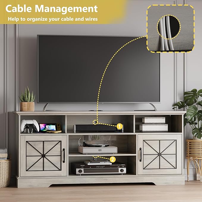 Farmhouse TV Stand for 65/60/55 Inch Tvs, Rustic Entertainment Center with LED Lights and Power Outlets, Modern Media Console Table, Wood Television Furniture for Living Room, Bedroom, Grey