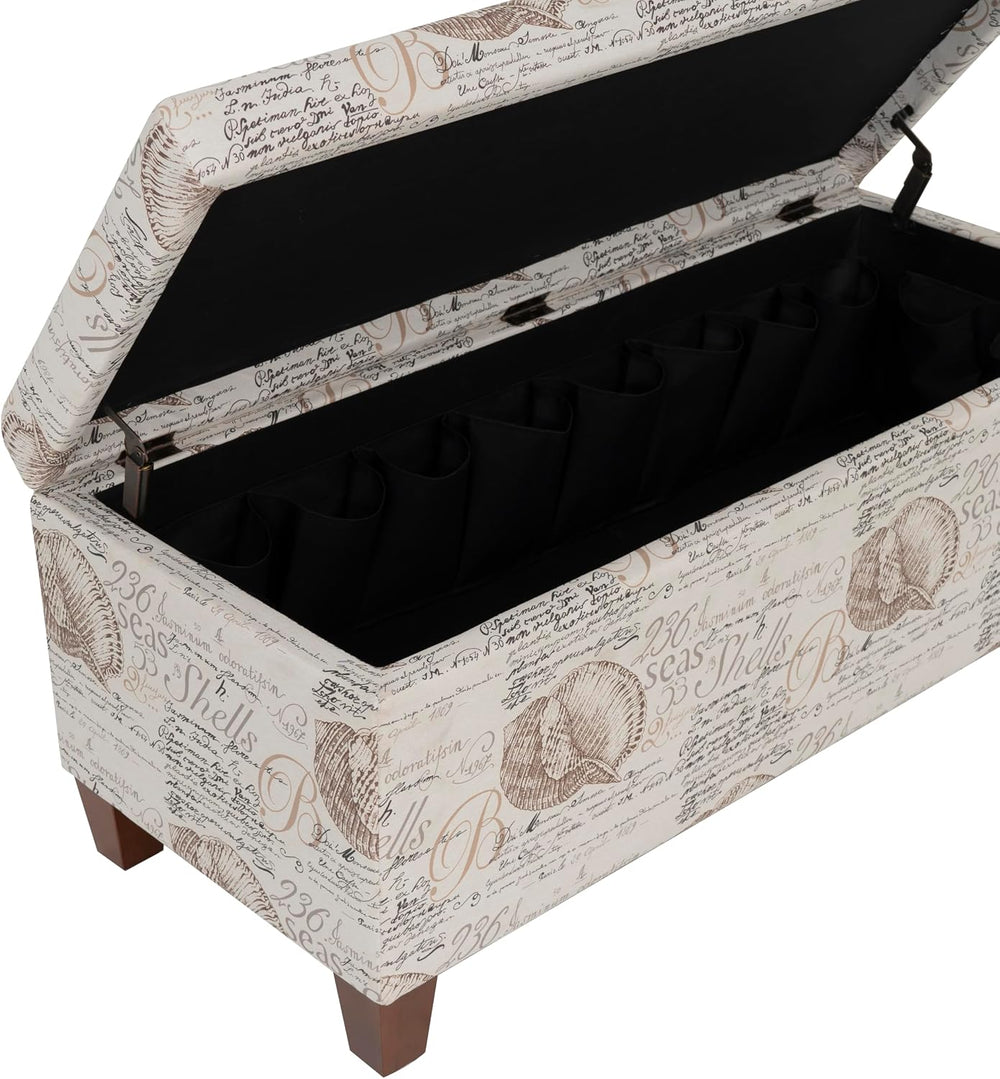 Linon Carmen Ivory and Beige Seashell Upholstered Lift Top Storage Ottoman wi...