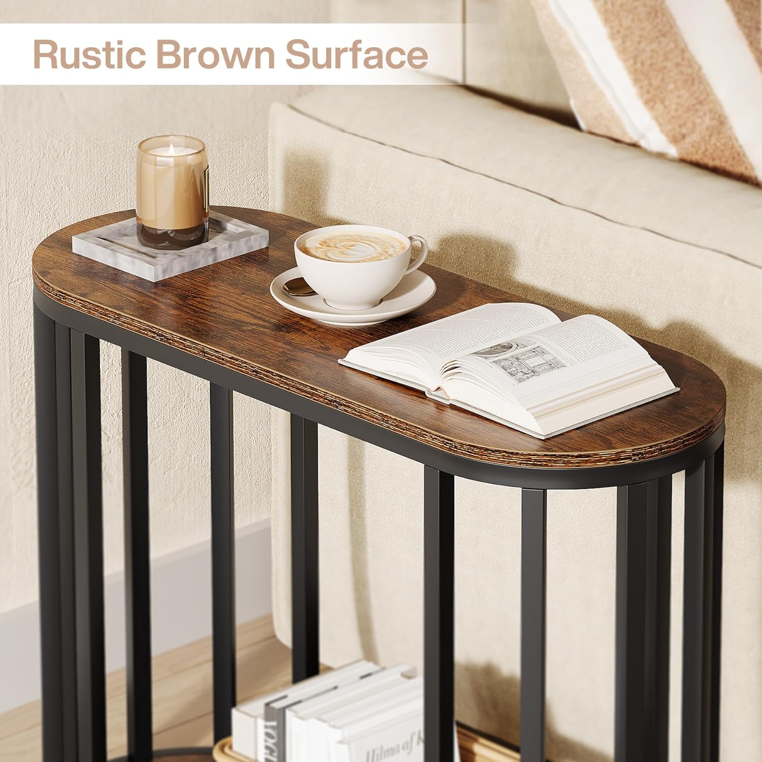 Tribesigns Narrow End Table with Storage, 2-Tier Industrial Side Table with Black Metal Frames, Small Nightstand Bedside Table for Living Room, Bedroom, Rustic Brown, 31.5"D x 11.81"W x 23.62"H (1)