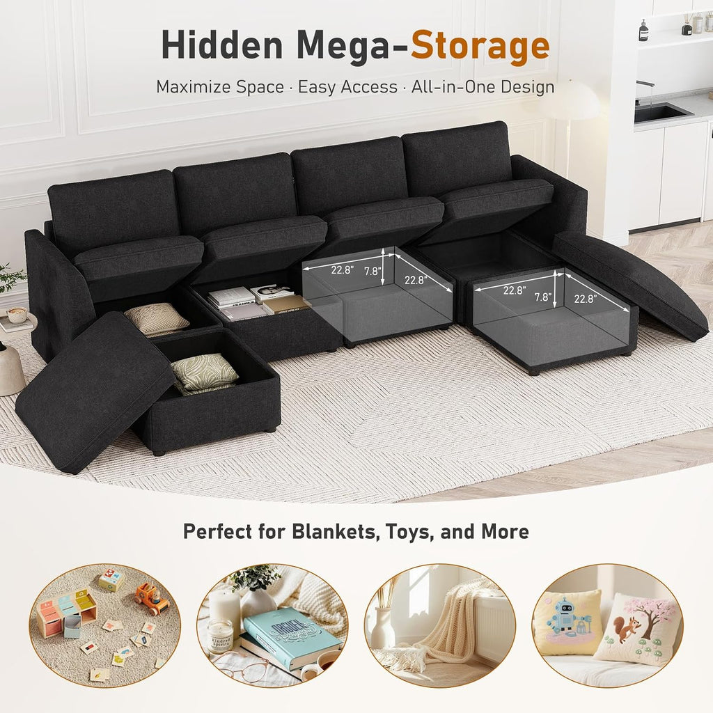 Furnimart 111" Modular Sectional Sofa with Full Seat Storage, U-Shaped 6-Seater Deep Seat Couch with Chenille Fabric Sectional with 2 Movable Ottomans for Living Room, Black