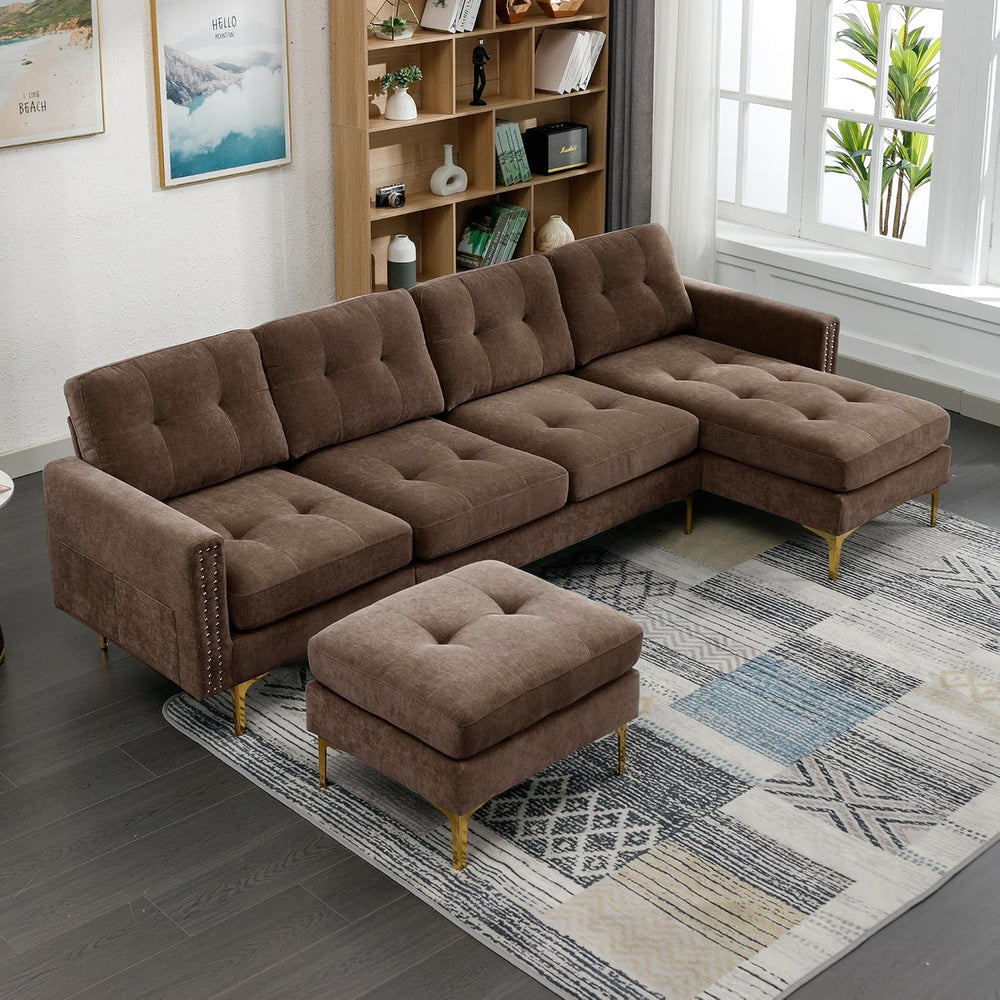 P PURLOVE Velvet Modern Large Sectional Sofa, U Shape Upholstered Couch with ...