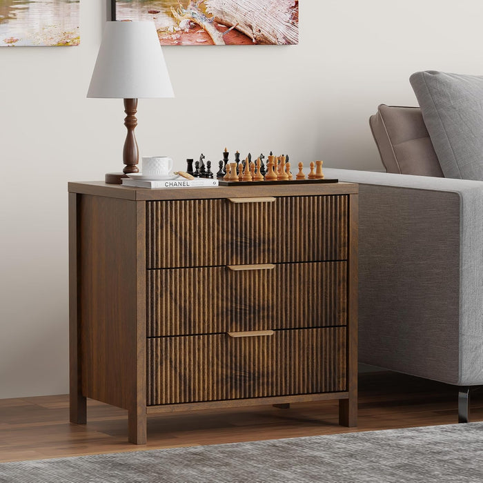 Fluted Nightstands Set of 2, 23.7'' Wide Night Stand with 3 Drawers, Mid-Century Modern Bedside Table with Handles, Wood End Table for Bedroom, Walnut