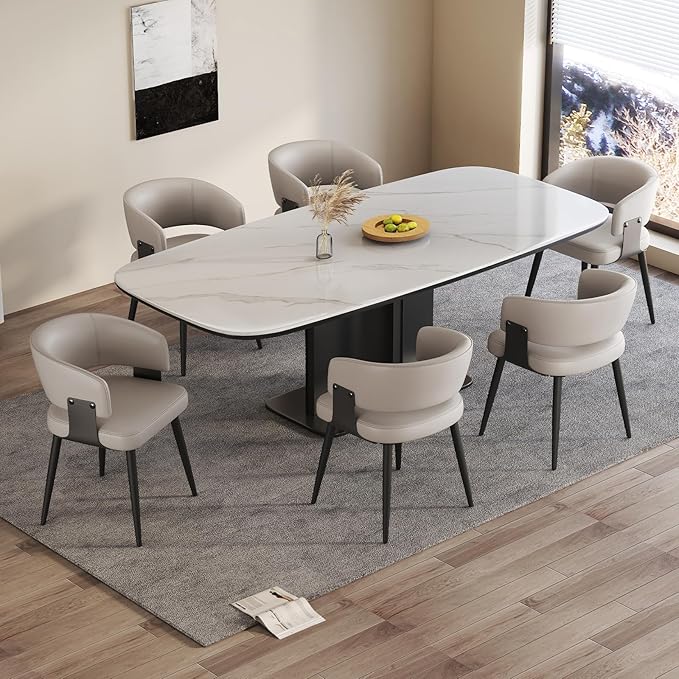 Modern Dining Chairs Set of 6, Upholstered Faux Leather Kitchen Side Chairs with Curved Open Back, Easy Assembly for Dining Room, Restaurant, Cafe, Warm Gray