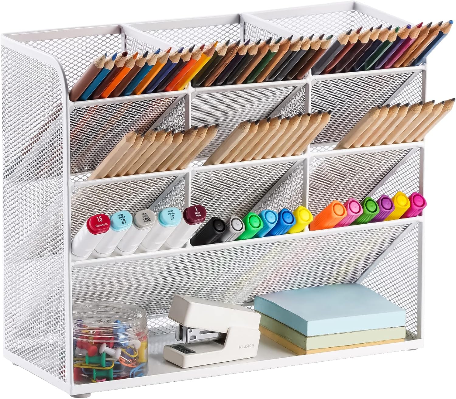 Marbrasse Mesh Desk Organizer, Multi-Functional Pen Holder, Pen Organizer for desk, Desktop Stationary Organizer, Storage Rack for School Home Office Art Supplies (White - Mesh Pen Holder)
