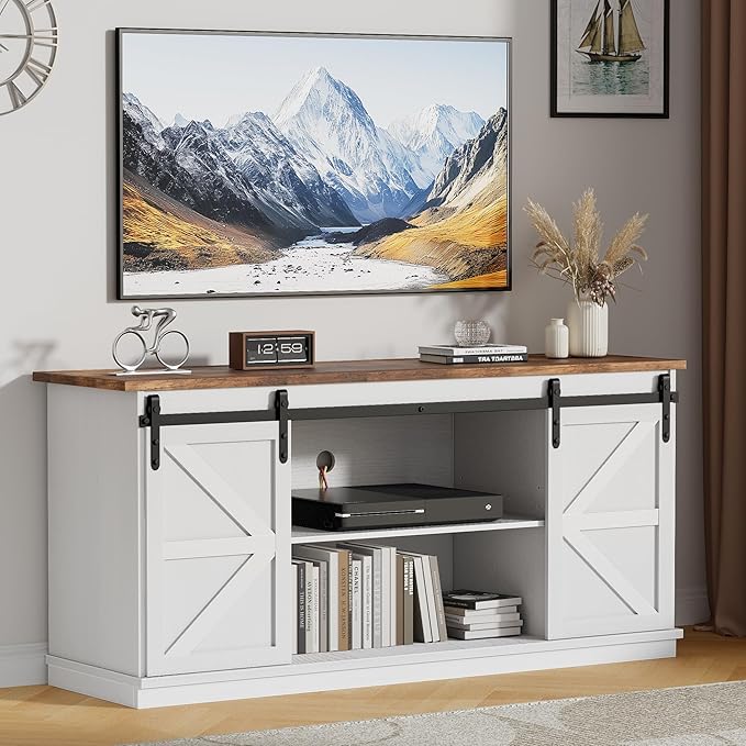 JUMMICO TV Stand with 4 Drawers for 65 Inch TV, Farmhouse Entertainment Center with Storage and Sliding Barn Doors, Rustic Media TV Console Cabinet with Shelves for Living Room Bedroom (Bright White)