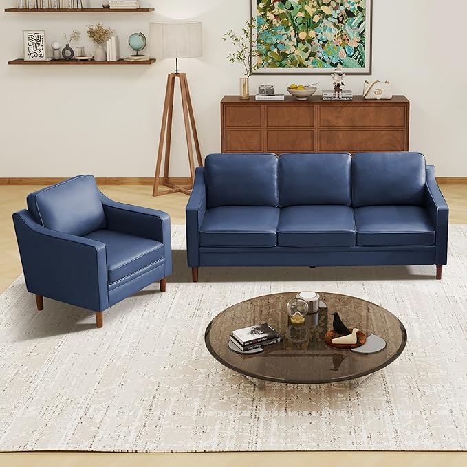 Kingfun Living Room Furniture Sets, 3 Seater Couch and Loveseat, Mid Century Modern Sofa Set, Faux Leather Couch with Solid Wood Frame for Living Room & Bedroom, Blue