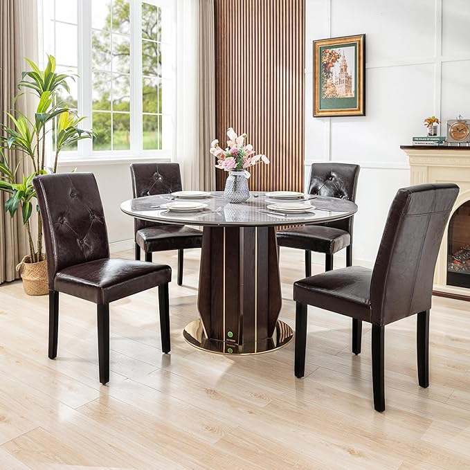 VECELO Upholstered Dining Chairs Set of 4, Modern PU Leather and Solid Wood Legs & High Back for Kitchen/Living Room- Coffee