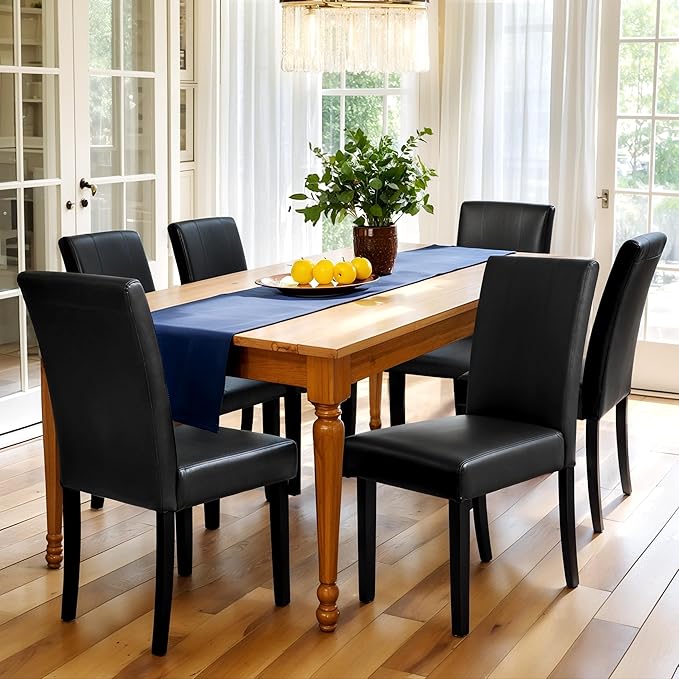 CHUN YI Dining Chairs Set of 6, Leather Dining Room Chairs, Upholstered Parsons Side Chairs for Dining Room Kitchen Restaurant with Sturdy Wood Legs, Black (Only Chairs)