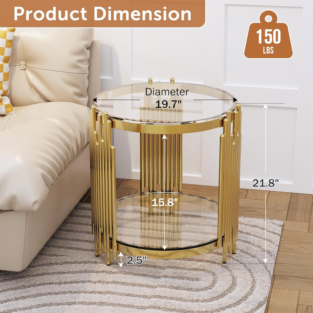 Luxury Gold Round Glass End Table Set of 2, 19.7" Modern Side Table with...