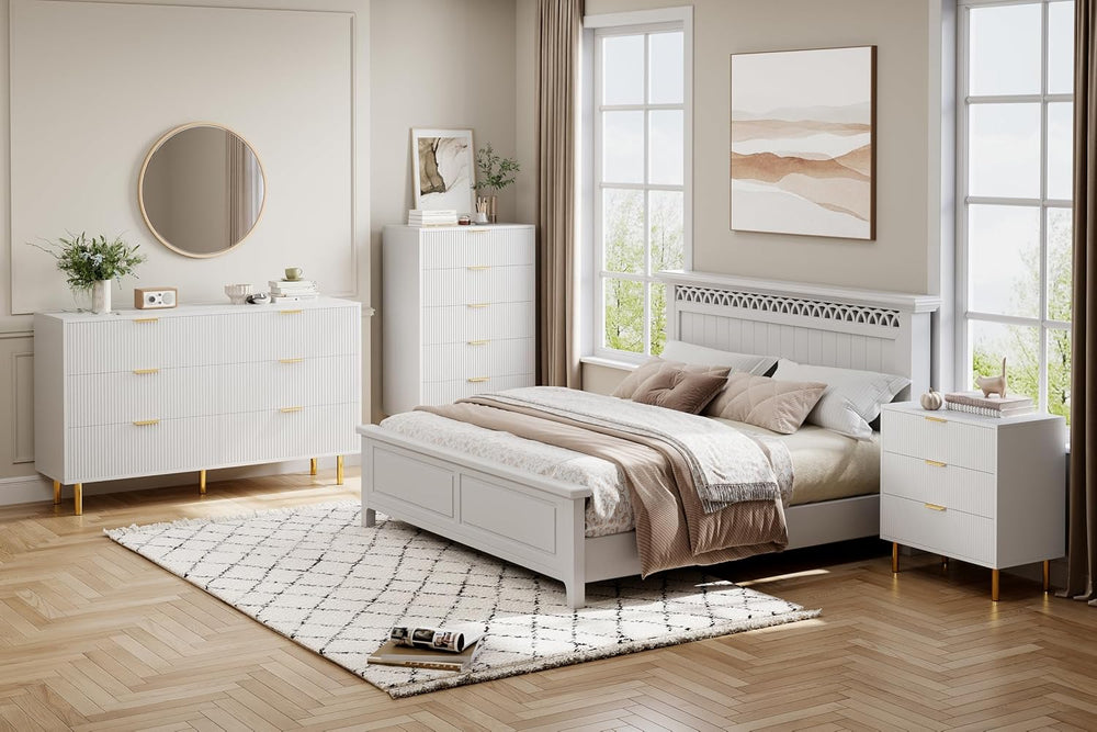 IDEALHOUSE Modern White 3 Drawer Dresser for Bedroom with Gold Handles