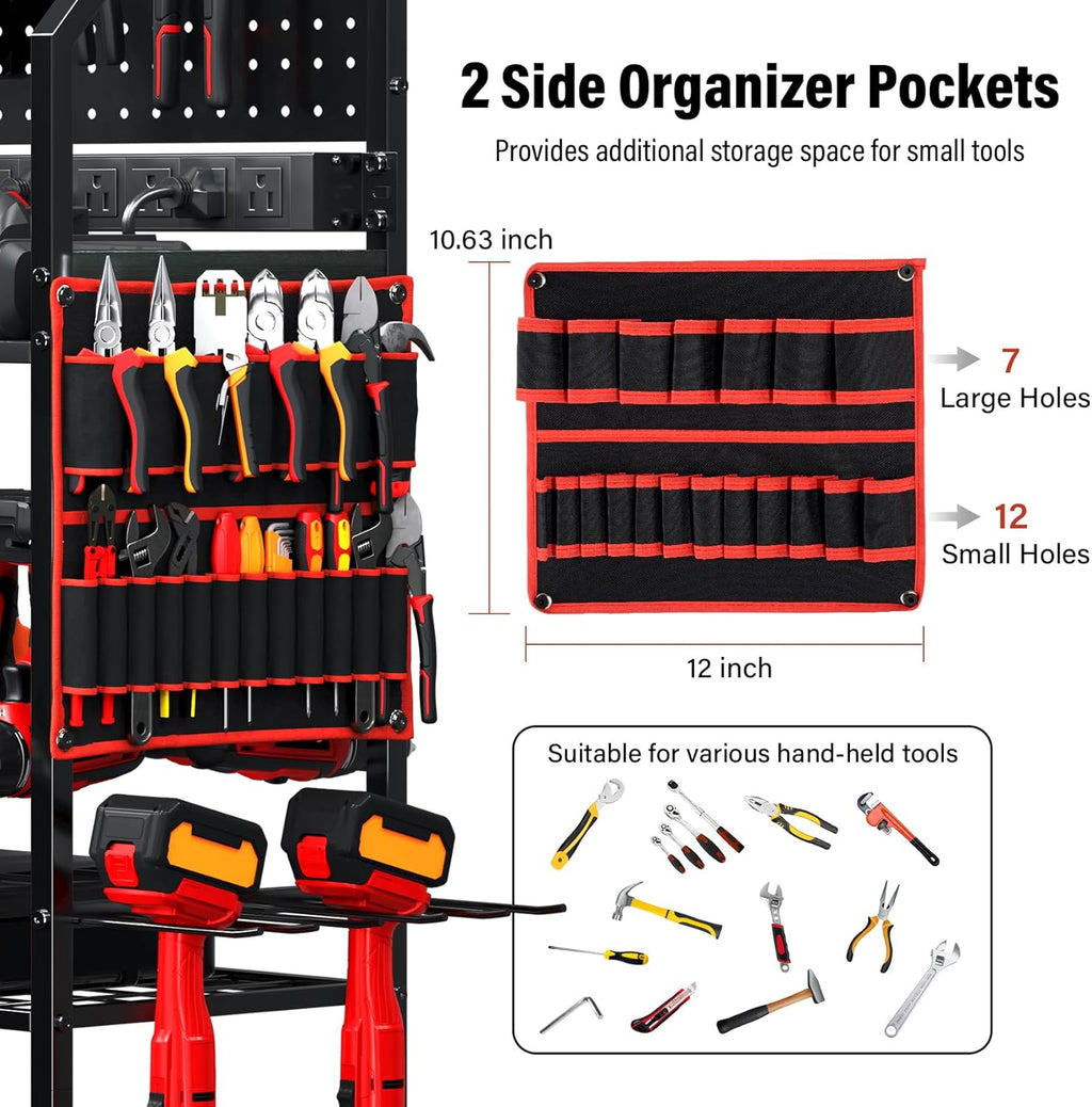 TC-HOMENY Power Tool Organizer Cart with 8 Outlets Charging Power Station, 24 Large Drill Tool Storage Racks with Wheels for Garage, Heavy Duty Tools Organizer Station, Festival Gifts for Men Dads