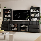 TUSY 71" Large TV Stand Set - TV Entertainment Center for TVs up to 65", Media Center with Tempered Glass Doors and Drawer, TV Hutch with Bookshelves for Living Room (Black, BEEB)