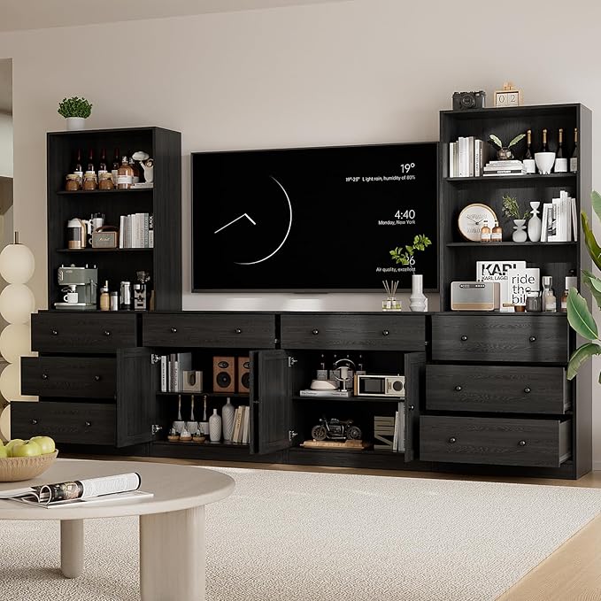 TUSY 71" Large TV Stand Set - TV Entertainment Center for TVs up to 65", Media Center with Tempered Glass Doors and Drawer, TV Hutch with Bookshelves for Living Room (Black, BEEB)
