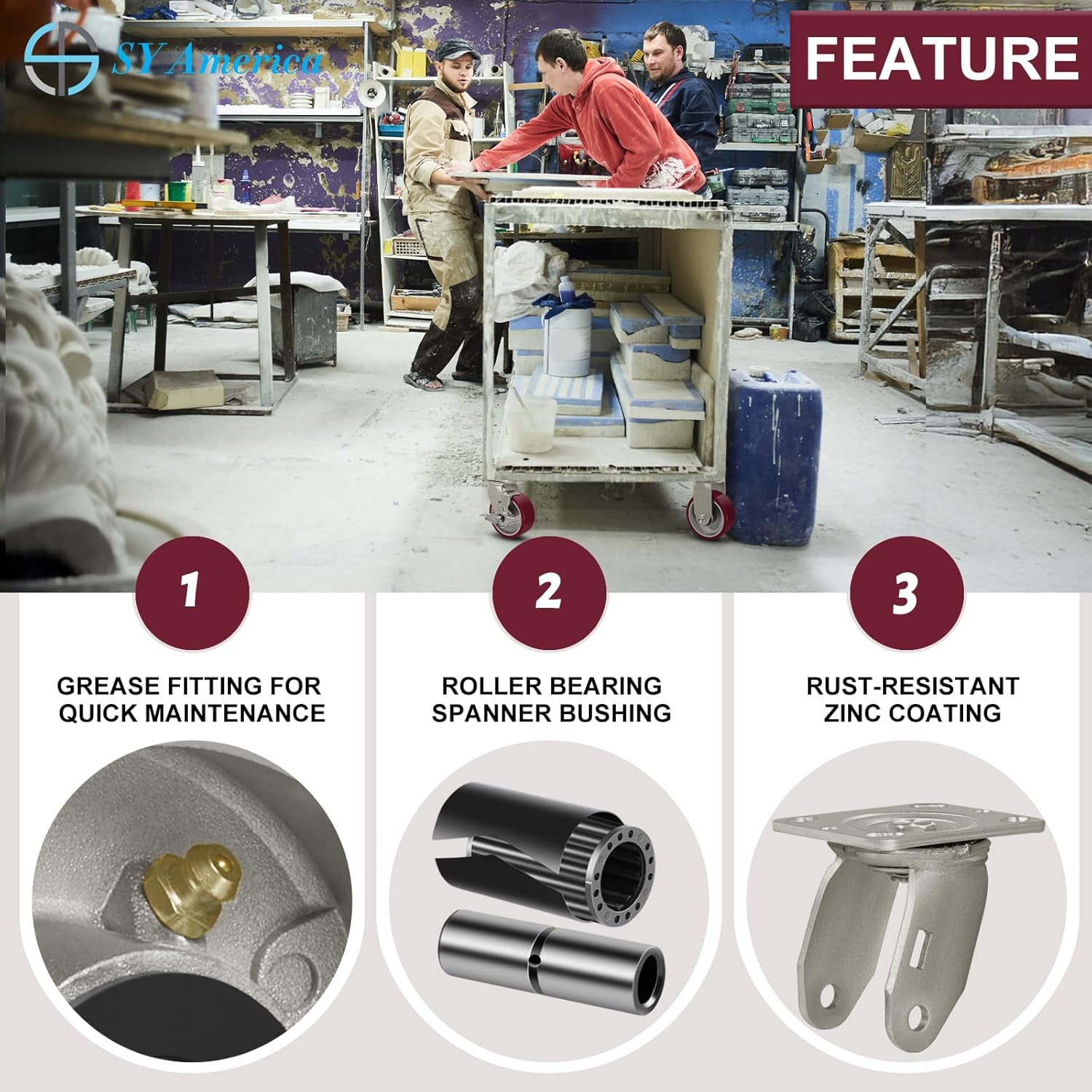 SY America 5" X 2" Casters Wheels,Heavy Duty Industrial Casters，Polyurethane on Aluminum Wheels,1 Rigid Casters,1100 LBS Load Capacity