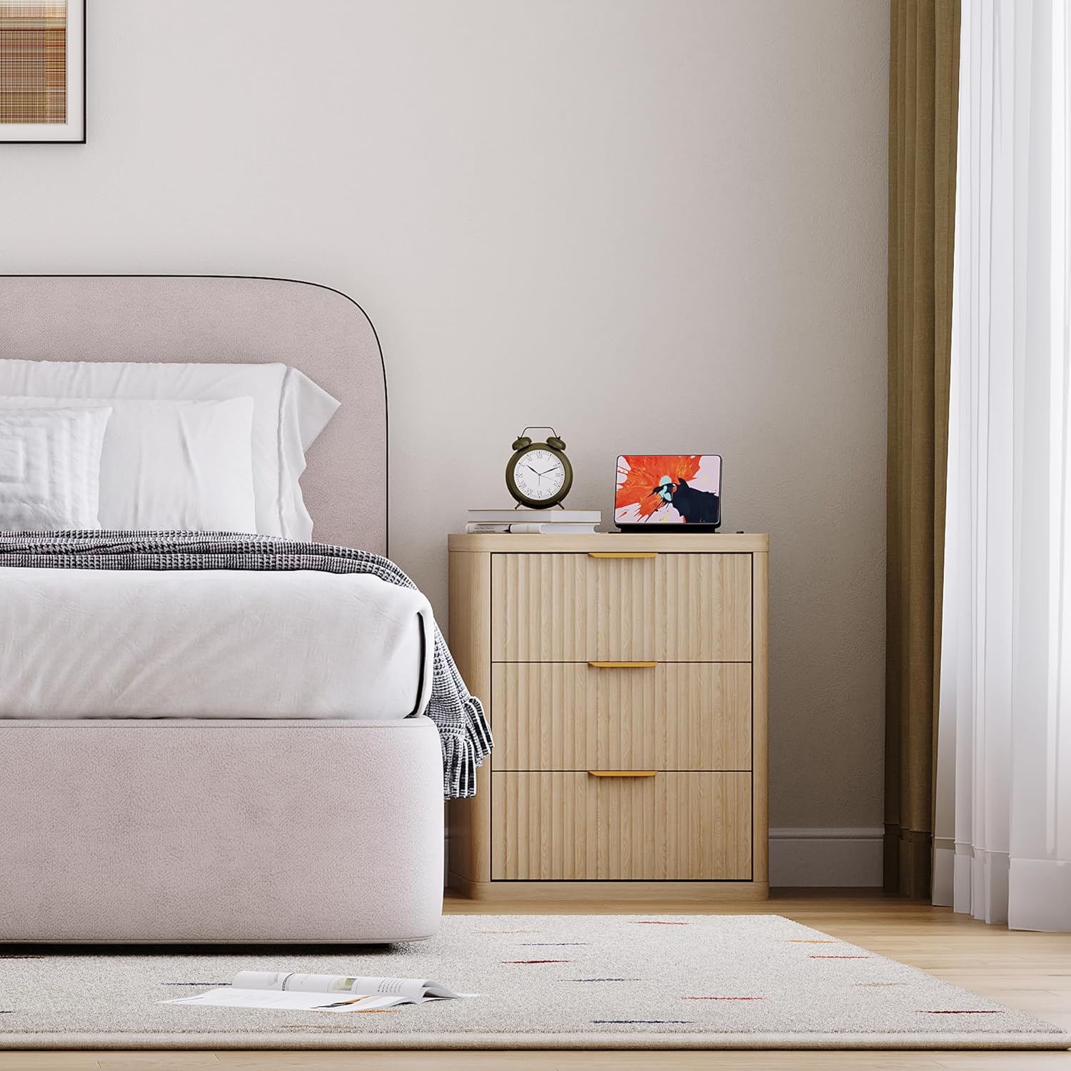 Fluted Nightstand Set of 2 with Charging Station, Bedside Table with 3 Drawers Storage Space, Metal Handles and Rounded Corners for Safety, Mid Century Modern End Table, for Bedroom, Living Room