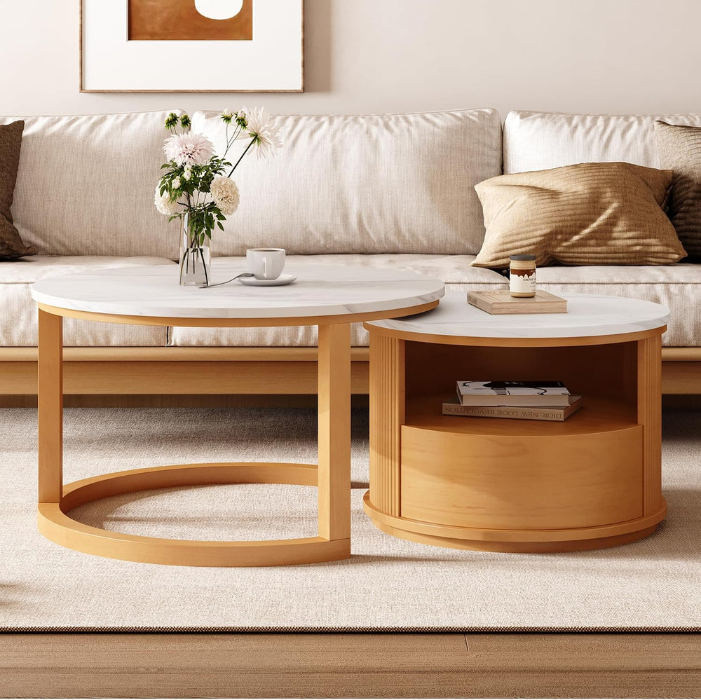 49'' Round Nesting Coffee Table with Drawer, Modern 2-Tier Wood Coffe...