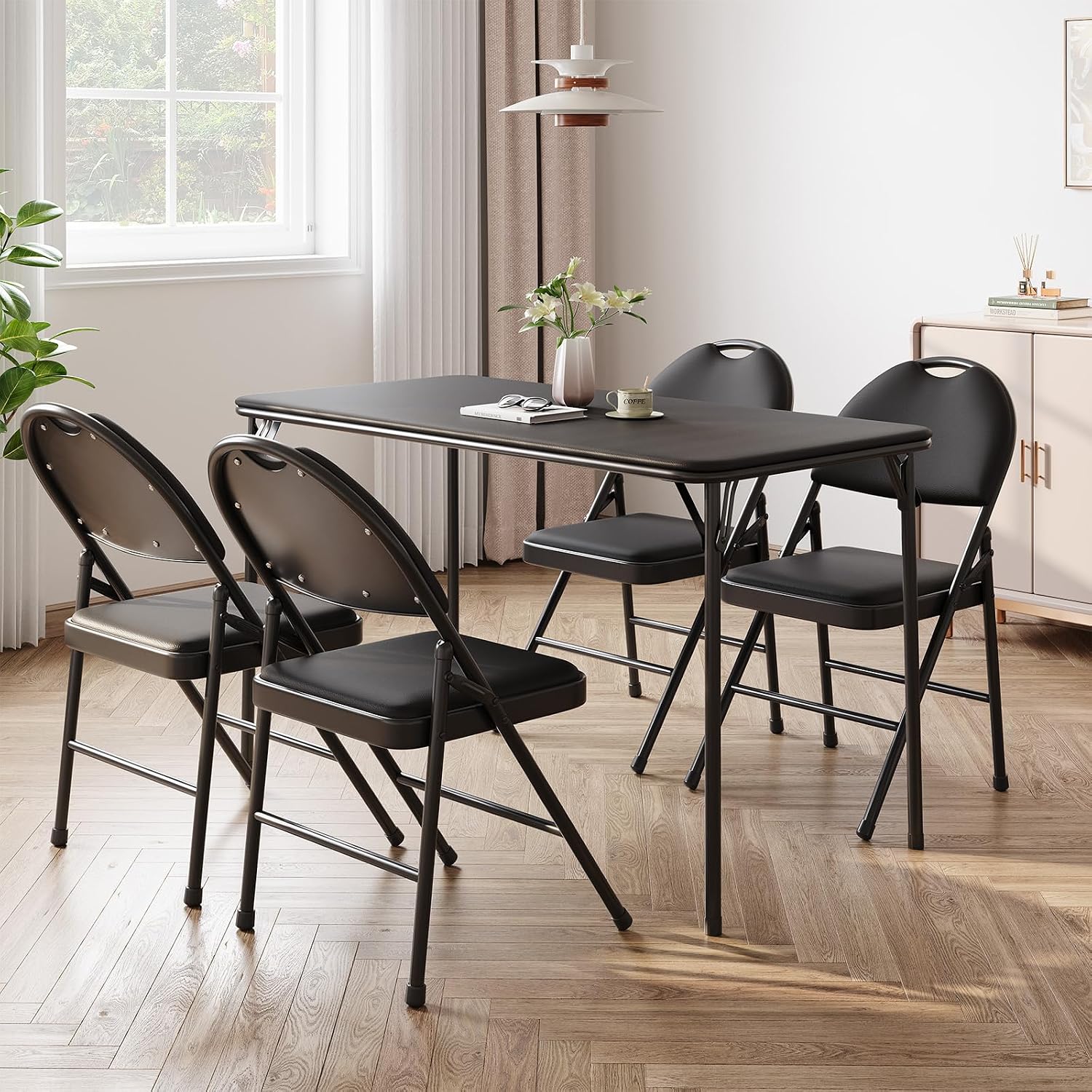 coucheta 5-Piece Rectangle Folding Table and Chairs Set, Foldable Portable Card Table and Chairs, Scratch & Stain Resistant Tabletop, for Dining Room, Living Room, Office, Camping, Gatherings, Black
