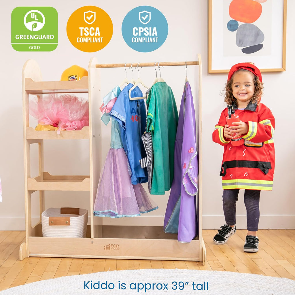 ECR4Kids Dress-Up Center with Mirror, Costume Organizer, Montessori Furniture, Natural